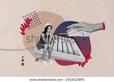 Artwork contemporary art design collage of upset lady sitting on mechanical keyboard and mouse clicky isolated over beige background