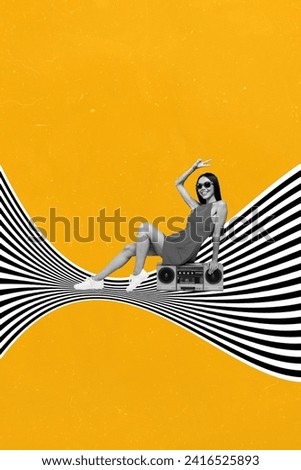Vertical collage picture of cool lady hipster listen boombox show v sign gesture to friends isolated on orange hypnotizing background