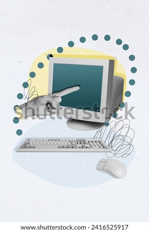 Vertical collage image of black white effect arm point finger old vintage pc screen keyboard mouse isolated on drawing background