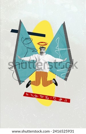 Vertical collage picture illustration image monochrome effect excited amazed happy young woman jump angel colorful white background