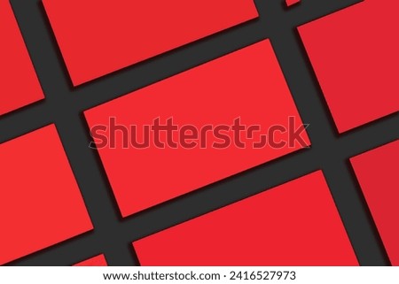 Mockup of horizontal red business cards stacks arranged in rows at Black textured paper background