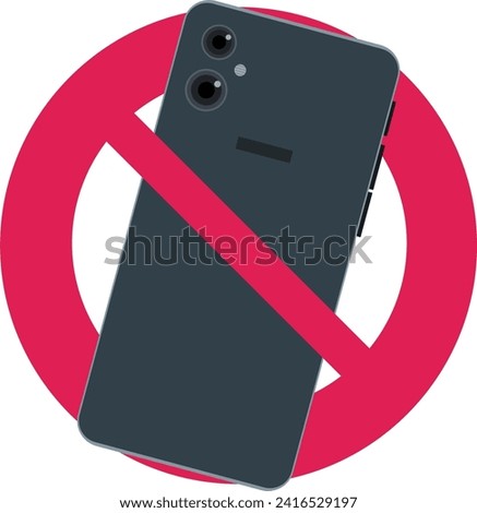 Red circular prohibition symbol with a black smartphone back view with its 2 lenses and crossed out flash light in a flat design style (cut out)