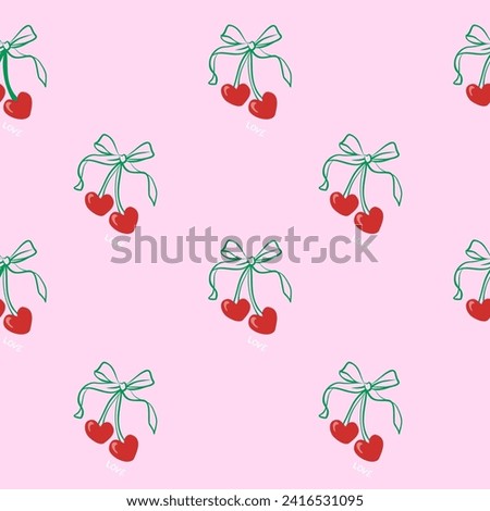 Seamless Cherry pattern with bow in cartoon style. Cute trendy design. Vector funky illustration. Ballet-core, coquette-core background. Royalty-Free Stock Photo #2416531095
