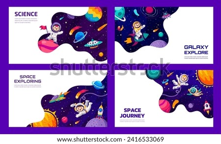 Space galaxy landing pages, cartoon space planets, astronauts, aliens and spaceships, vector website backdrop. Kid spaceman adventure or galaxy journey and spaceflight landing page with galactic sky