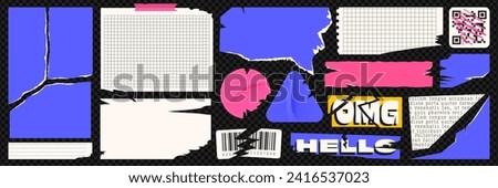 A brightly colored set of torn collage paper. Torn pieces of paper, vinyl stickers, text clippings, checkered notebook sheets and barcode. Modern vector illustration.