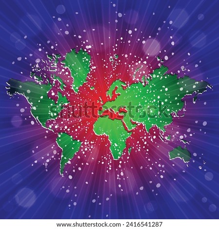 World map. Political map of the world on a bright, colorful background. Globe. Sun rays. Bright yellow, blue, red, orange, green color explosive background. Vector illustration.