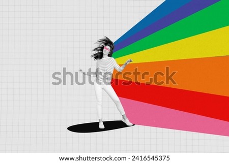 Picture collage of cheerful girl have fun dancing at lgbt pride party with bright colorful rainbow isolated over checkered paper background