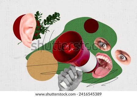 Photo collage image picture poster face parts fragments weird concept screaming shouting loudspeaker proclaim protest rights Royalty-Free Stock Photo #2416545389