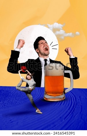 Vertical collage creative picture image happy beautiful young woman man drunk alcohol beer dance carefree colorful template