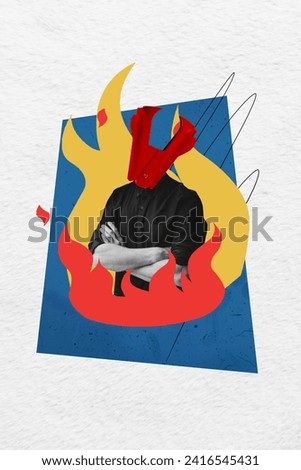 Vertical collage poster illustration black white filter headless anti stapler man stand fire cross hand exclusive colorful white background