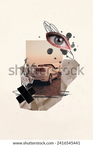 Vertical collage picture illustration image frame poster unusual eyes human car flower blossom colorful sketch unusual white background