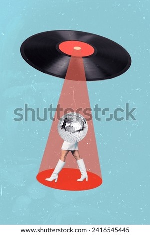 Vertical collage creative picture illustration caricature half humans ball ufo alien retro plate red light sketch exclusive blue background