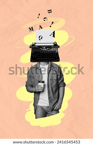 Vertical collage poster young headless man typing oldschool machine instead head journalism writer storyteller screenwriter concept