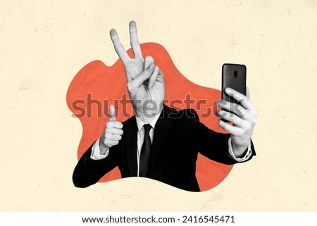 Creative 3d photo artwork graphics collage painting of cool funky worker recording video vlog v-sign instead head isolated drawing background