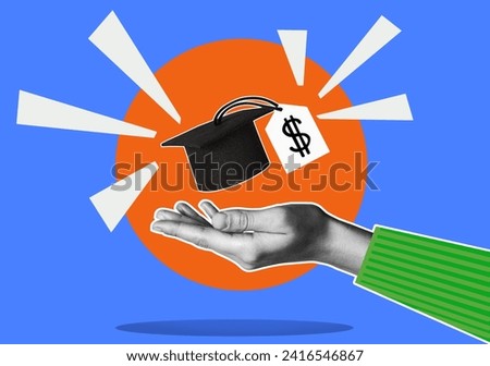 Concept of financial literacy and education. Human hand and graduation cap with dollar sign. Collage.