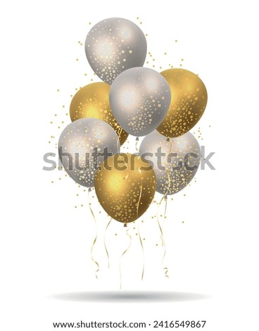 Festive 3d balloons group. Fly elegant realistic gold and silver balloons with sparkling confetti for festival festive and carnival isolated vector illustration