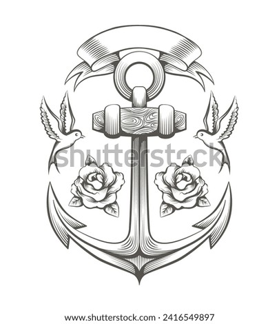 Anchor swallow roses and banner ribbon tattoo. Romantic sea sailor old school style engraving design with marine armature isolated vector illustration