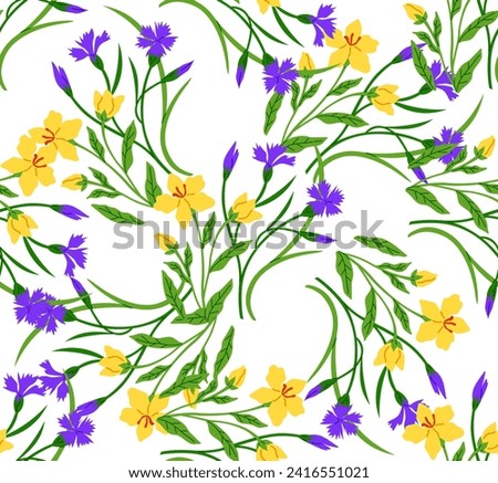 Flower pattern vector illustration. The flowering plants in garden created bloomy and colorful oasis The blossoming flowers symbolized arrival spring The repetitive flower pattern on dress added sense Royalty-Free Stock Photo #2416551021