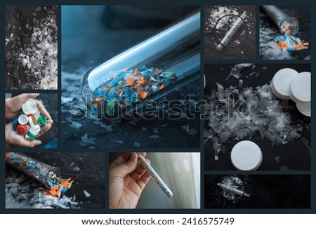A collage with microplastic images. Concept of water pollution and global warming. A collection of macro pictures of micro plastic particles.