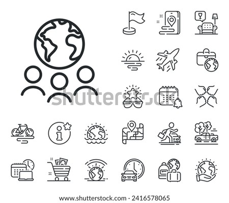 International outsourcing group sign. Plane jet, travel map and baggage claim outline icons. Global business line icon. Internet marketing symbol. Global business line sign. Vector