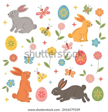 Cute Easter set with rabbits, bunnies, colorful painted eggs, spring flowers. Easter background, cute holiday clip art, greeting card, poster.