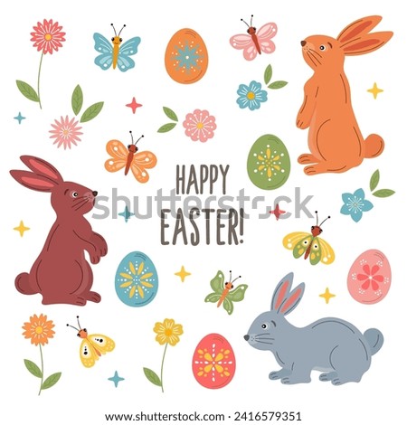Happy Easter vector clip art with rabbit, bunny, spring flowers, colorful painted eggs, butterflies. Spring Easter background, cute holiday clip art, greeting card, poster.