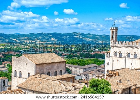 Gubbio, Umbria, Italy - townscape with building in the historic center from XIVth century Royalty-Free Stock Photo #2416584159