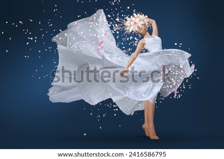 ballet dancer leaping with grace, adorned in a long white dress and a delicate flower crown. Perfect for conveying elegance, beauty, and the joy of dance. Ideal for dance-related promotions, artistic  Royalty-Free Stock Photo #2416586795