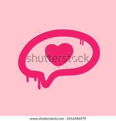 Pink graffiti clip art. Urban street style. Valentine day elements. Speech bubble with heart. Y2k love sign. Splash effects and drops. Grunge and spray texture.