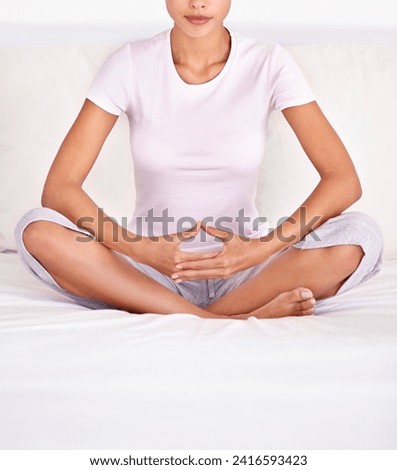Health, calm and closeup of woman with meditation for peace, zen or mindful wellness on bed. Relax, zoom and young female person in position for spiritual balance in bedroom at apartment as self care