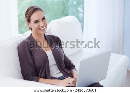 Woman, portrait or laptop on sofa for remote work, update blog post or search digital news on social media. Happy freelancer, computer or download copywriting subscription, for email research at home