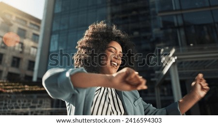 Happy, dance and business woman in the city with job promotion celebration and positive attitude. Smile, excited and professional young female person moving for good news with career in urban town.