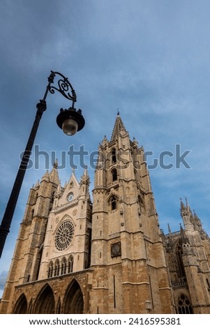 Santa María de Regla de León Cathedral at Leon, Spain. Gothic cathedral. Lamp post picture with the cathedral at the back.