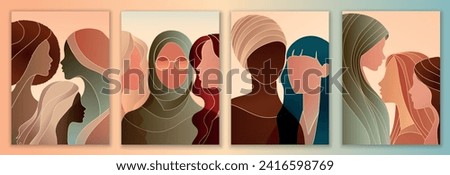 Close-up group silhouette of multicultural women. International women's day. Diversity - inclusion - equality or empowerment. Anti racism or stop discrimination. Template - poster - cover Royalty-Free Stock Photo #2416598769