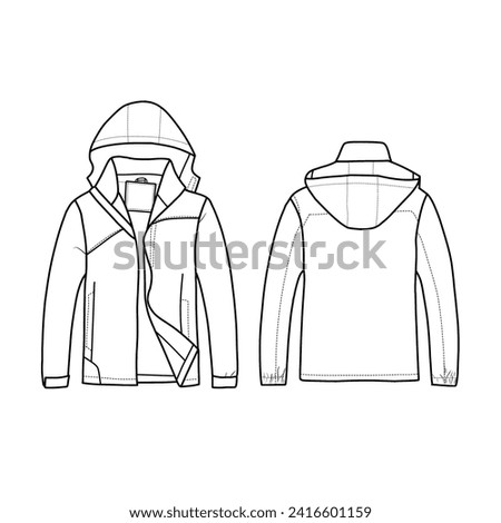 Vector Illustration of Mens Jacket Waterproof Lightweight Mountain Sport Jacket design Line art. Hand drawn front and rear view. Men Hooded Windbreaker Raincoat, Isolated on white background Royalty-Free Stock Photo #2416601159