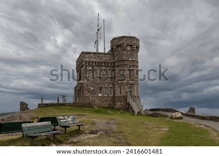 Cabot Tower on Signal Hill in St. John's, Newfoundland, Canada. National Historic Site where the first transatlantic wireless transmission was received by Guglielmo Marconi. Royalty-Free Stock Photo #2416601481