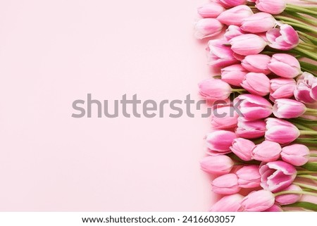 Bouquet of pink tulips on pink background. Mothers day, Valentines Day, Birthday celebration concept. Greeting card. Copy space, top view