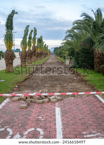 Reconstruction of the bike path. Replacing tiles on a bike path among palm trees. Infrastructure of the resort town.
