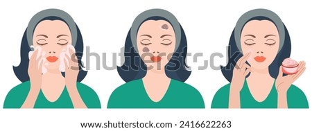 Facial Skin Care. A Woman Takes Care Of Her Skin. Cosmetic Masks, Patches, Cream, Lotion, Soap, Face Mousse. Clip Art Set, Vector