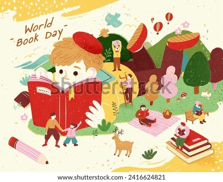 World book day poster with boy laying on the meadow reading a book with miniature people around Royalty-Free Stock Photo #2416624821