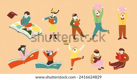 Adorable characters with book element set isolated on light orange background