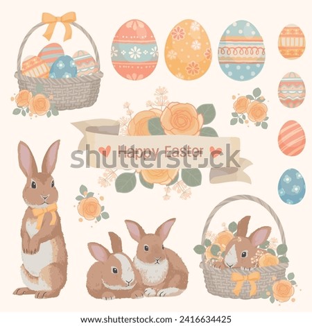 Elegant pastel style Easter clip art contains bunny, colored eggs, with basket, label