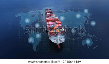 Double exposure of point of map global partnership ship cargo business commercial logistic and transportation international import export by freight cargo ship in the open seaport show ocean business. Royalty-Free Stock Photo #2416646189