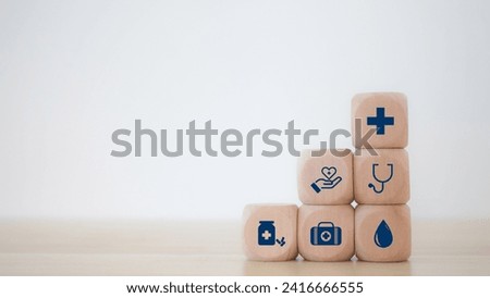 Medical icons on wooden blocks Health insurance concept, medical icons, icons, healthcare, medical