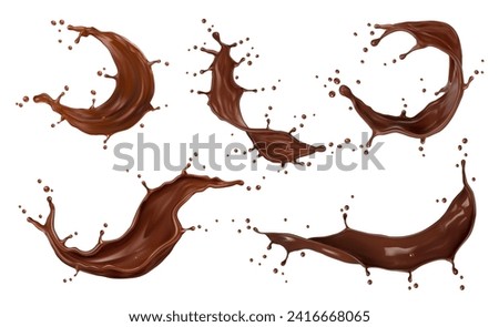 Realistic chocolate milk drink splash with splatters. Beverage swirl flow, wave and drops 3d set of vector cocoa, hot chocolate, melted choco candy, sauce and milk shake, sweet dessert food and drink
