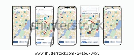 GPS Map navigation, Smart phone Maps  Navigation application and red pin and pinpoint on mobile screen. Technology road map, City navigation maps, City street, tracking and location, Vector