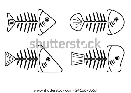 fish icon only splines bone black and white many types and species. vector drawing line art fish only head and bone. 