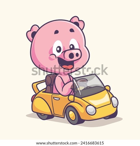 Cartoon cute pig driving a tiny car