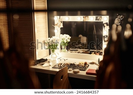 Background image of makeup vanity table with lights at backstage in theater, no people