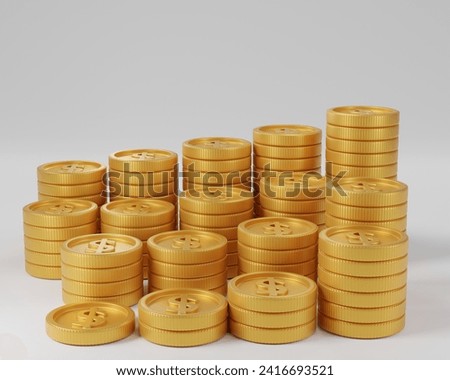 group of stacked gold metal coins, assets, business investment. payment finance saving money concept 3d rendering on white background.